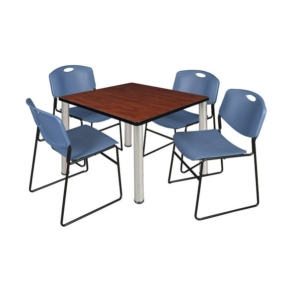 Regency 36 in Square Breakroom Table- Cherry Top, Chrome Legs, 4 Zeng Stack Chairs- Blue