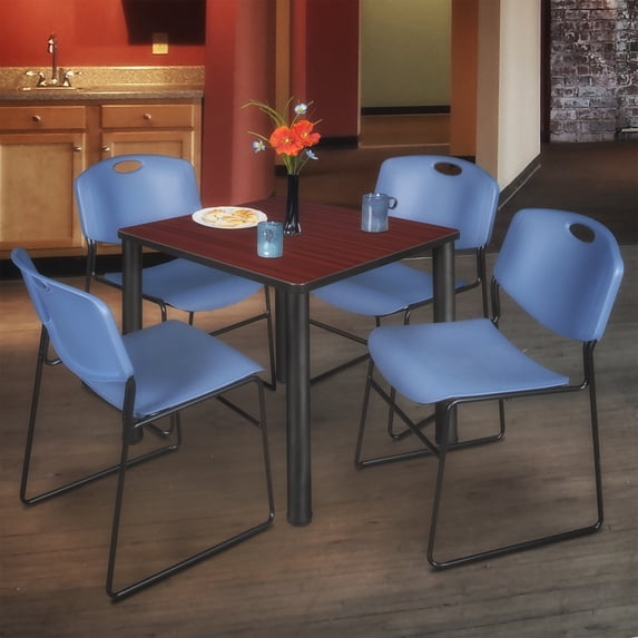 Regency Kee 36 in Square Breakroom Table- Mahogany Top, Black Legs, 4 Zeng Stack Chairs- Blue