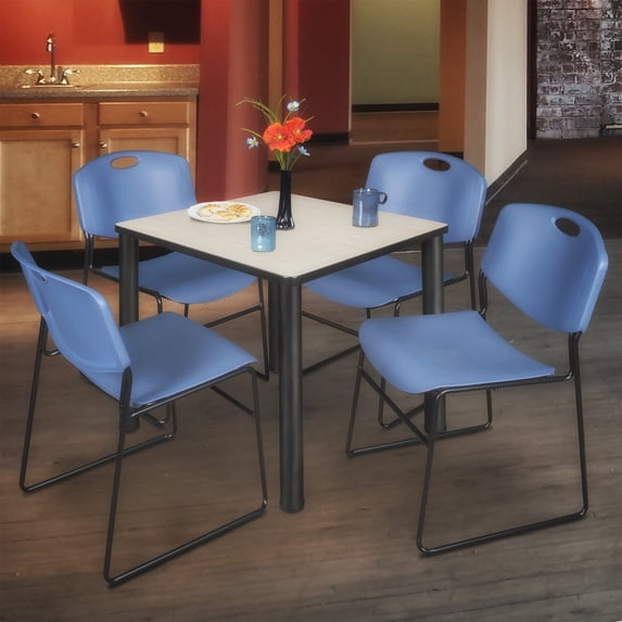 Regency Kee 36 in Square Breakroom Table- Maple Top, Black Legs, 4 Zeng Stack Chairs- Blue