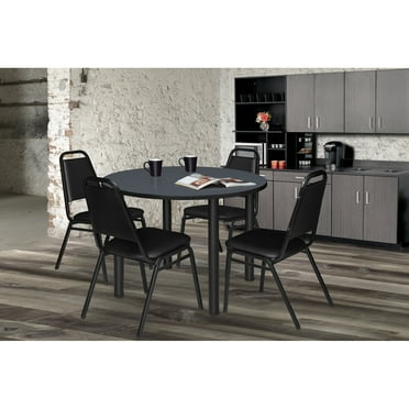 Regency Kee 42 in Round Breakroom Table- Grey Top, Black Legs, 4 Restaurant Stack Chairs