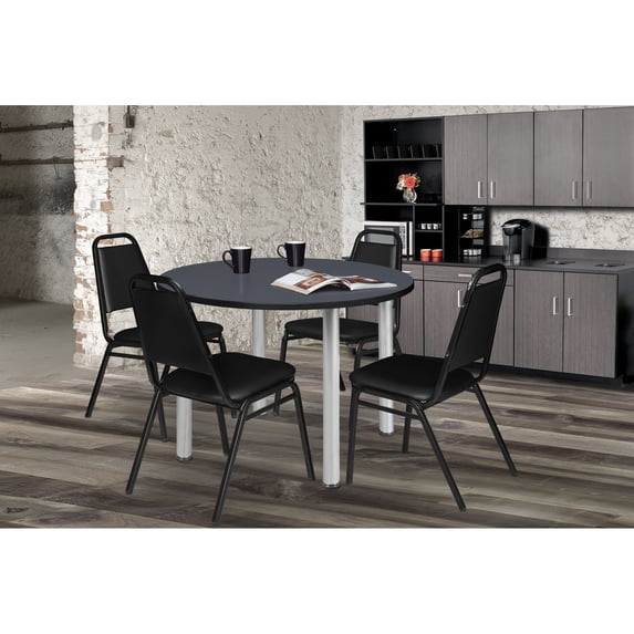 Regency Kee 42 in Round Breakroom Table- Grey Top, Chrome Legs, 4 Restaurant Stack Chairs