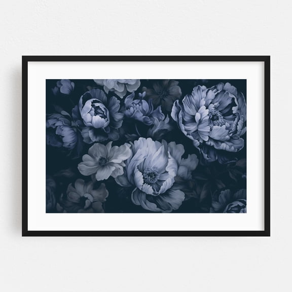 Regency Vibe Floral Opulence Moody Blue - Painting Floral Flowers Botanical Modern Art Abstract Nature Black Framed Wall Art Print 24 x 36 inches