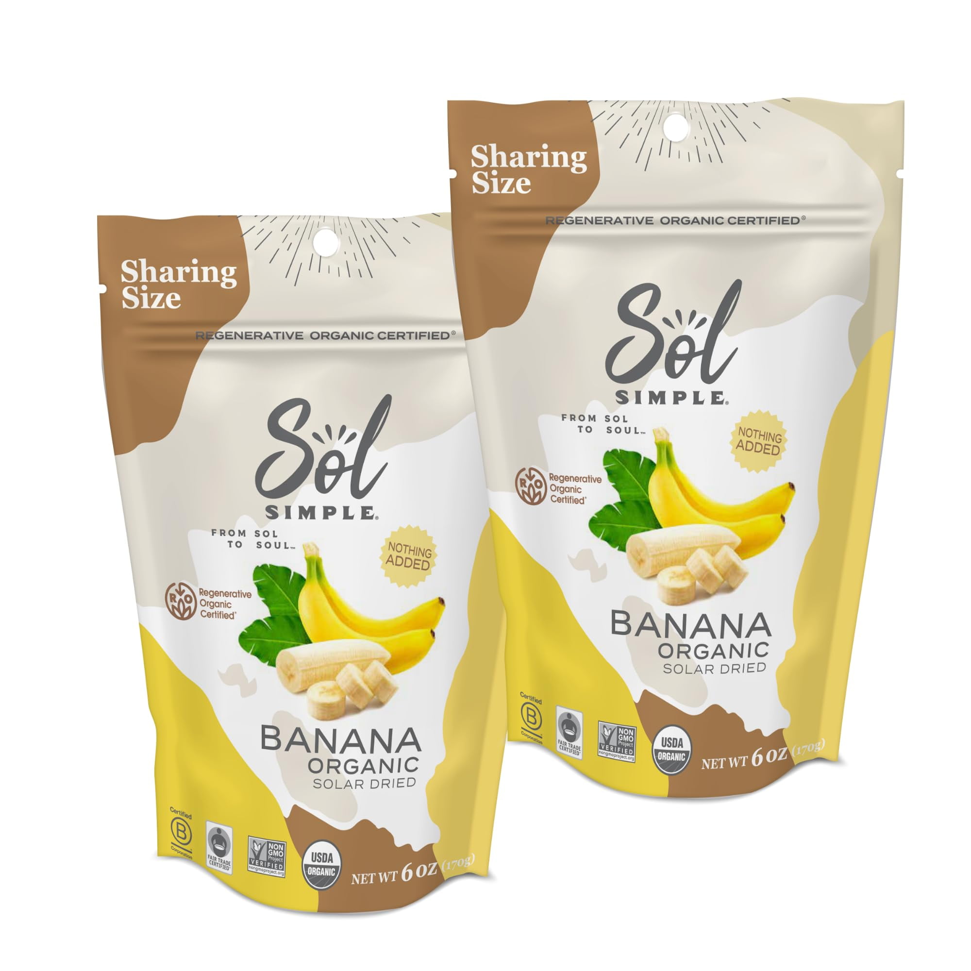 Regenerative Organic Certified, Dried Banana | 6Oz Snack Pack (2 Bags Total) | One Ingredient | Vegan | Non-Gmo | No Added Sugar | Fair Trade | Dried Fruit | Organic