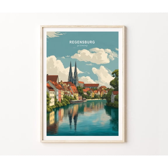 Regensburg Germany Danube River Historic Cityscape Wall Art, Unframed Paper Poster 8x10in