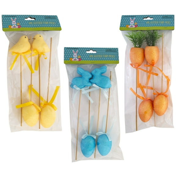 Regent 12-Inch Easter Bunny Picks Floral Arranging Easter Basket Fillers Assorted Colors Set of 12 Rabbit Carrot Chick Eggs Foam Flitter Cake Topper Garden Ornament