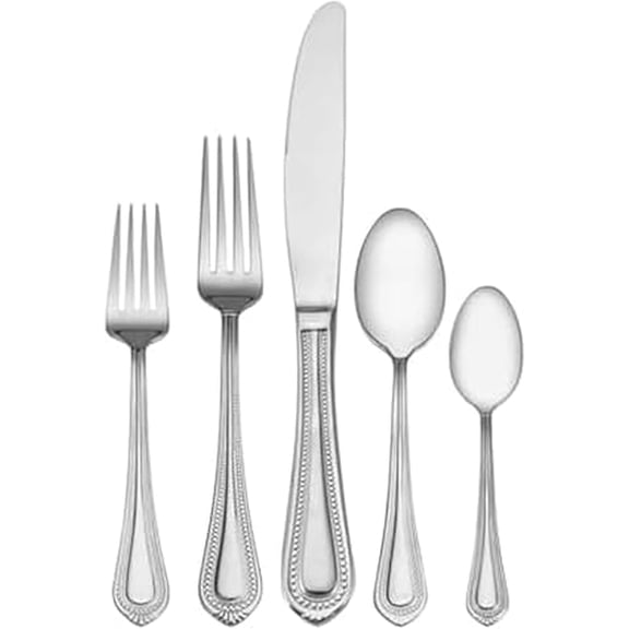 Regent Bead 65-Piece Flatware Set for 12, 18/10 Stainless Steel Silverware with Beaded Teardrop Handles, Includes Serving Utensils, Dishwasher Safe