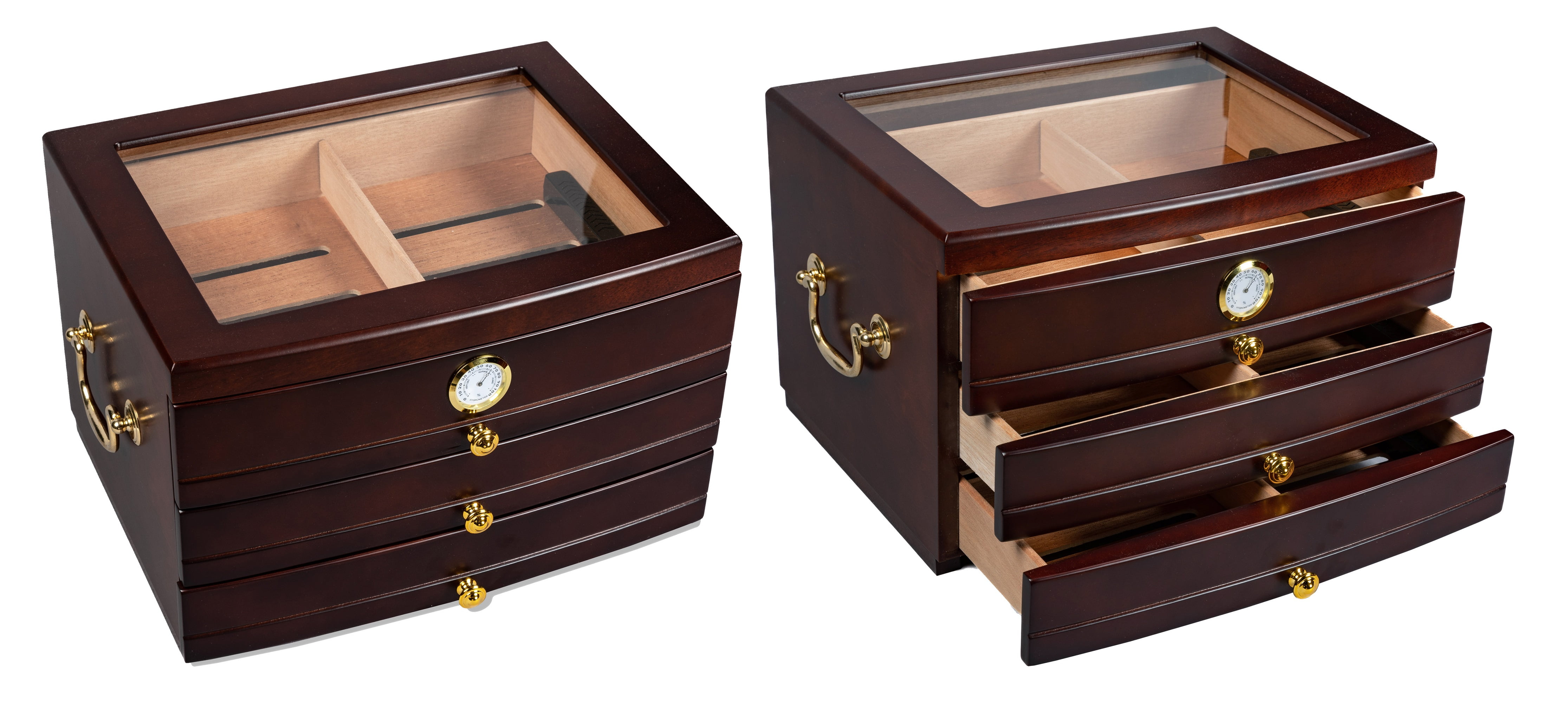 Regent Glass Top Cigar Humidor w/ 3 Drawers - Dark Mahogany Finish - Capacity: 75