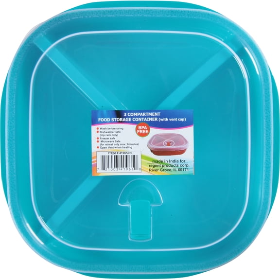 Regent Products 3-Section Square Plate with Lid Microwave Vent Clear Bottom, 4 Assorted Color