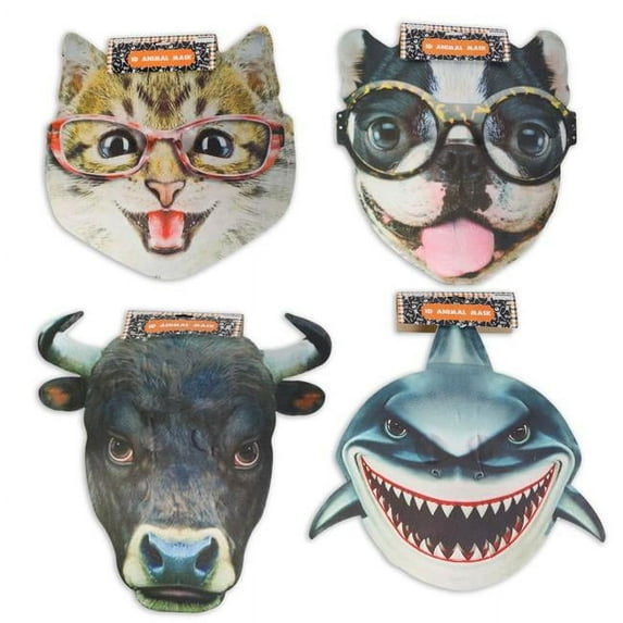 Regent Products 3D Animal Style Realistic Jumbo Face Mask with Elastic Band Halloween Headercard, 4 Assorted Color - Ages 8 Plus