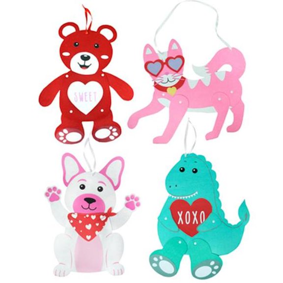 Regent Products  Bear, Dino, Dog & Cat Felt Jointed Valentine Figures Hanging Decor, 4 Assorted Style - Pack of 24