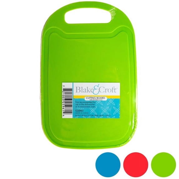 Regent Products G25961 13 x 8.5 in. Plastic Cutting Board with Handle Shrink with Lablred, 3 Assorted Color