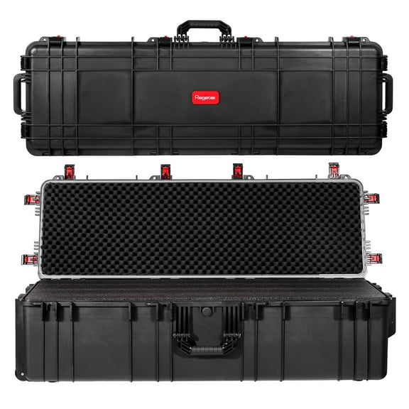 Regetek Waterproof Rolling Case 52 x 17x 13 Inch, with Foam/Wheels/ 3 Large Handles for Camera, Tool, Equipment, Crushproof, Lockable, Transport Roller Hard Case, Inner 48.42" x 13.93" x 10.82"