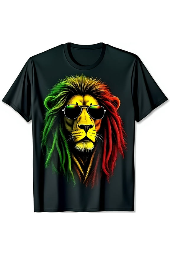 Reggae Inspired Black T-Shirt with Lion in Dreadlocks & Sunglasses Graphic