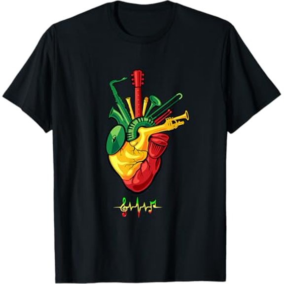 Reggae Music Lovers Heartbeat Unisex T-Shirt Heart Music Graphic Design, up to size 5XL