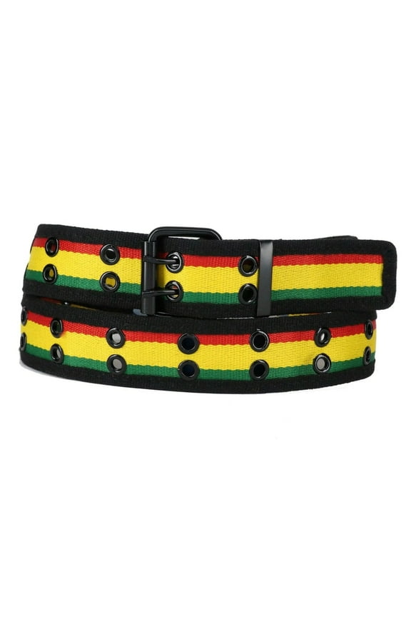 Reggae Rasta 2 Holes Row Metal Grommets Stitched Canvas Fabric Military Web Belt