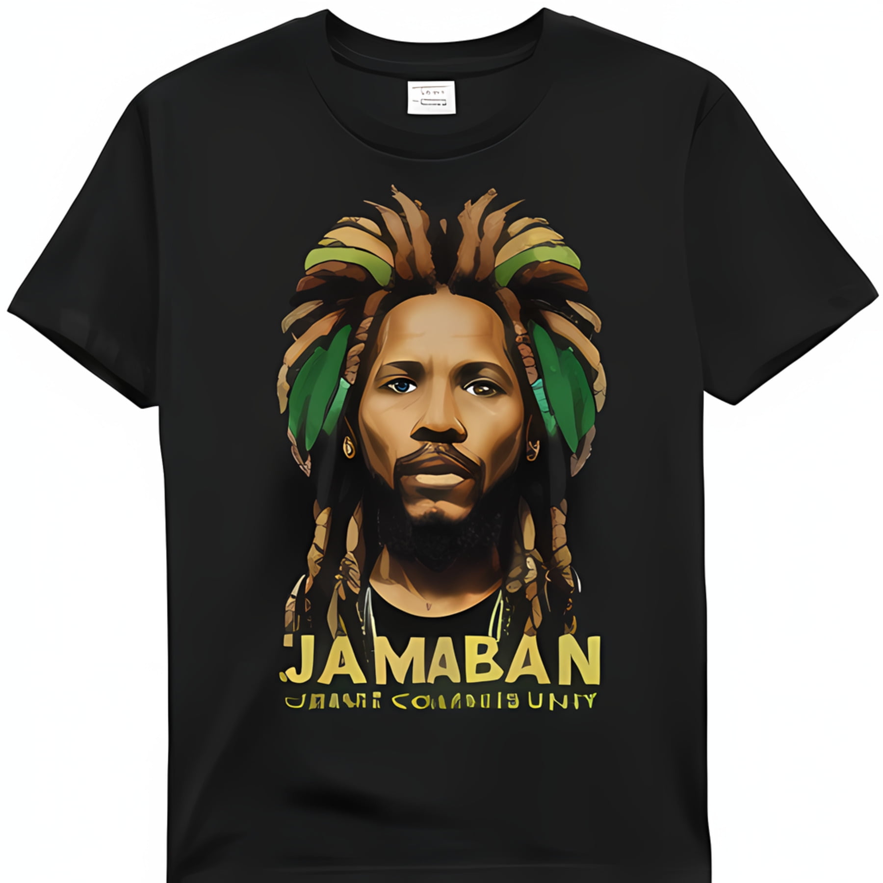 Reggae Style Bob T-Shirt with Rasta Colors and Cinematic Lighting ...