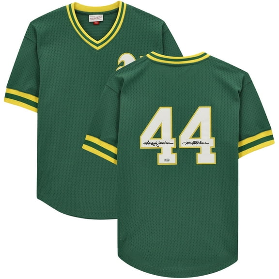 Reggie Jackson Oakland Athletics Autographed Green Mitchell & Ness Replica Batting Practice Jersey with "Mr. October" Inscription - Fanatics Authentic Certified