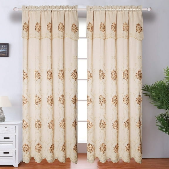 Regina Damask Embroidered Rod Pocket Window Panel with Valance and Backing, Beige, 54x84 Inches