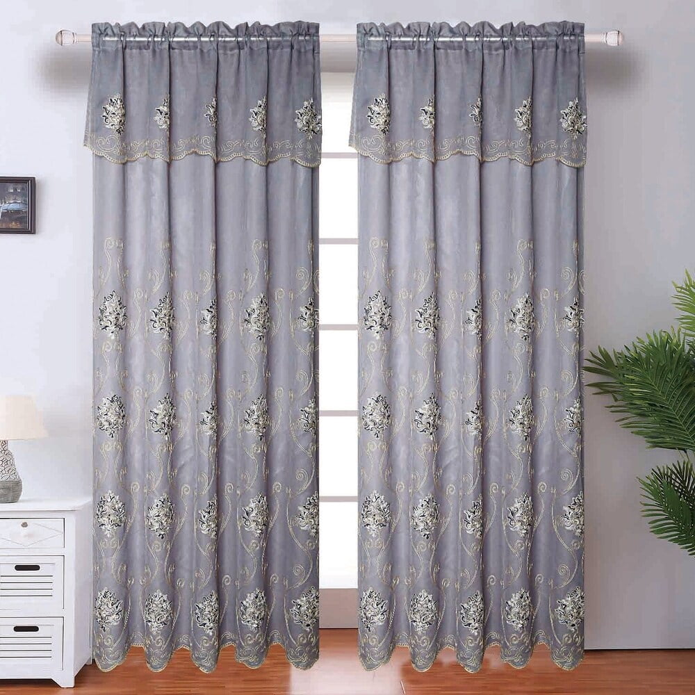 Regina Damask Embroidered Rod Pocket Window Panel with Valance and ...