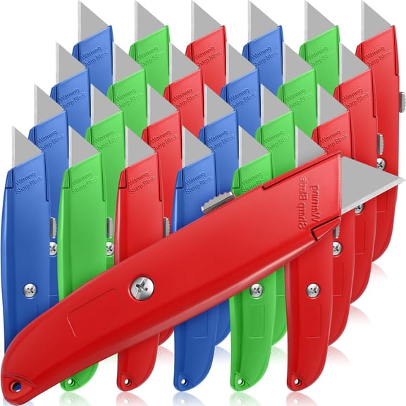 Reginary 30 Pcs Box Cutter Bulk Retractable Blade Utility Knife Heavy Duty Aluminum Alloy Razor Shell Knife for Cartons, Cardboard and Boxes, DIY, Factory, Home(Red, Green, Blue)