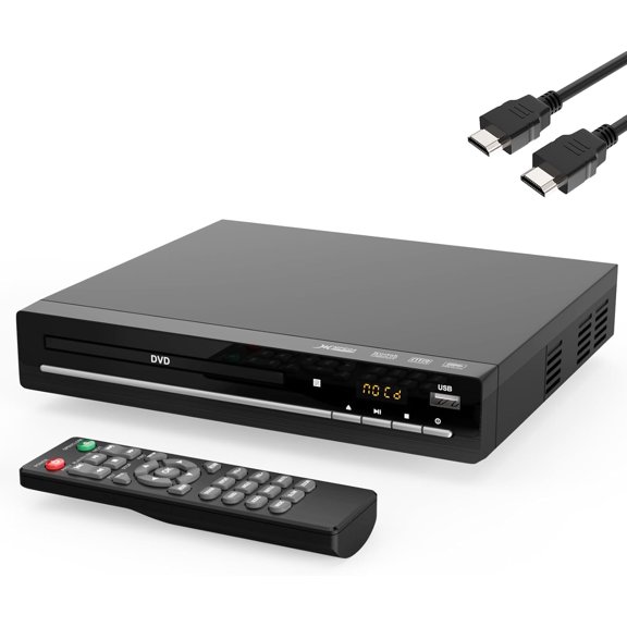 Region Free DVD Player with 1080p HDMI Upscaling, Compact Multi-Format CD/DVD/USB Player for Smart TV, Plays All Region DVDs, HDMI/RCA Cables and Remote Included for Home TV (Black)