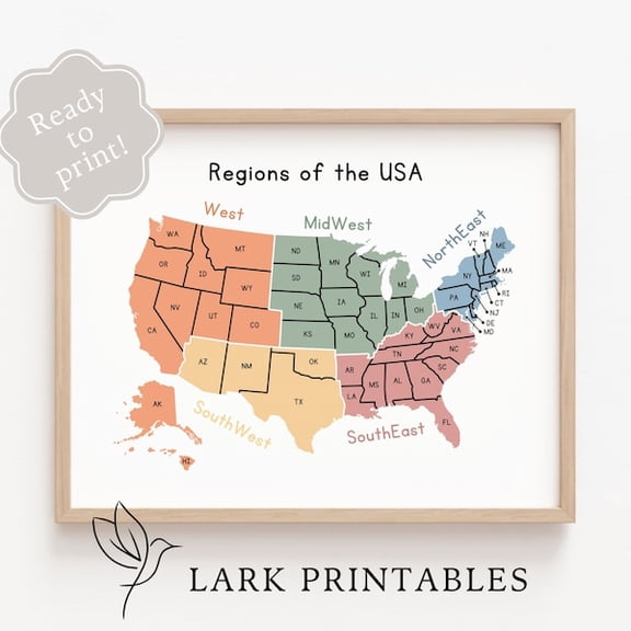 Regions of the USA Map Classroom Wall Decor Educational Poster Printable Geography Montessori Homeschool Resource Regions of United States, Unframed Paper Poster 11x14in