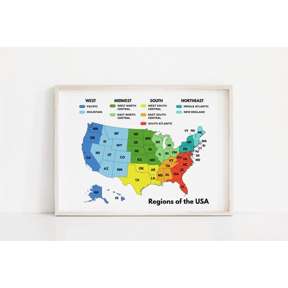 Regions of the USA Poster United States Map Geography Classroom Educational, Stretched Canvas 8x10in