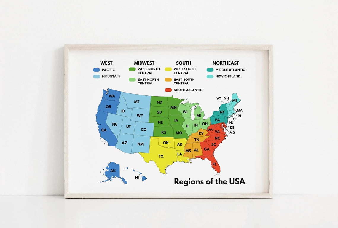 Regions of the USA United States Map Geography Classroom Homeschool Art ...