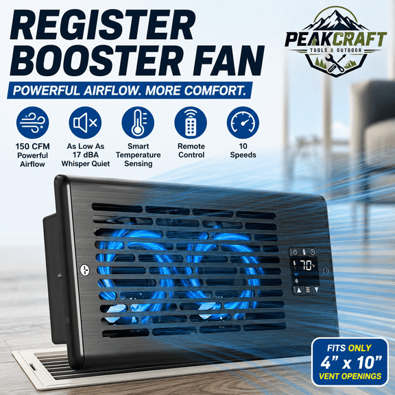 Register Booster Fan for 4" x 10" Floor Vent, Quiet 10-Speed Vent Booster with Temperature Sensor, Remote Control, 150 CFM Airflow, Improves Heating & Cooling for Upstairs Bedrooms, Wall & Ceiling Re