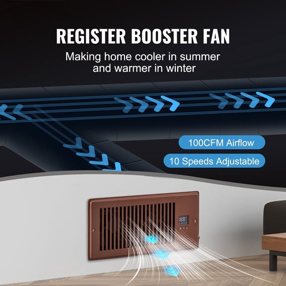 Register Booster Fan,Quiet Vent Booster Fan Fits 4'x10' Register Holes,with Remote Control&Thermostat Control,Adjustable Speed for Heating Cooling Smart Vent,Brown