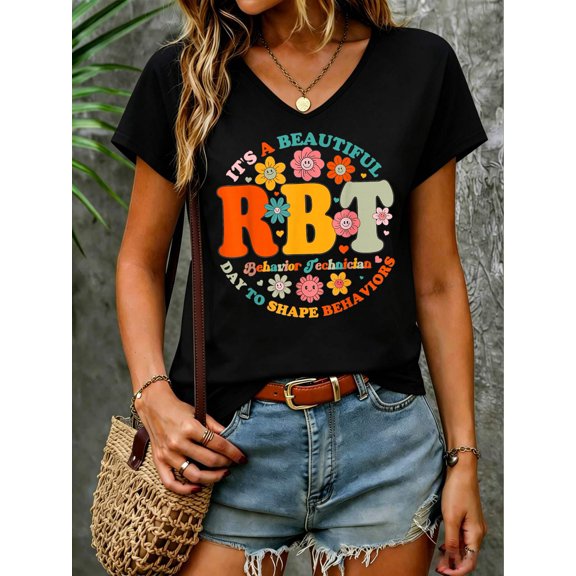 Registered Behavior Technician Vintage RBT Behavior Flower V Neck T-Shirt Cotton Women's V Neck Graphic Tee, Casual Short Sleeve Shirt,Vacation Outfit