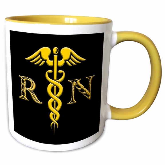 3drose, Registered Nurse Abbreviation and a Caduceus Medical Symbol Image, 11oz Two-tone Yellow Mug