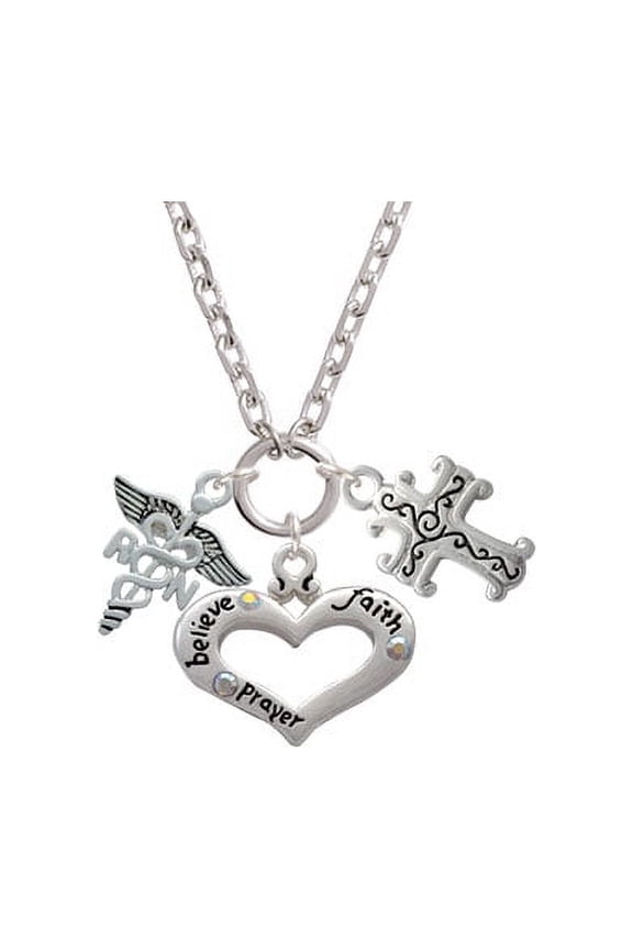 Registered Nurse Caduceus Believe Faith Prayer Heart and Scroll Cross Zoe Necklace