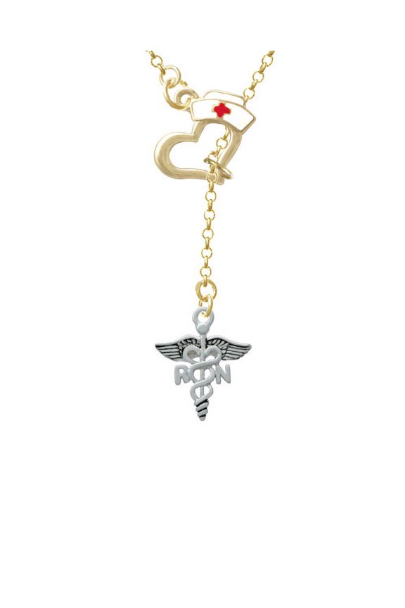 Registered Nurse Caduceus Gold Tone Nurse Hat Heart Lariat Necklace