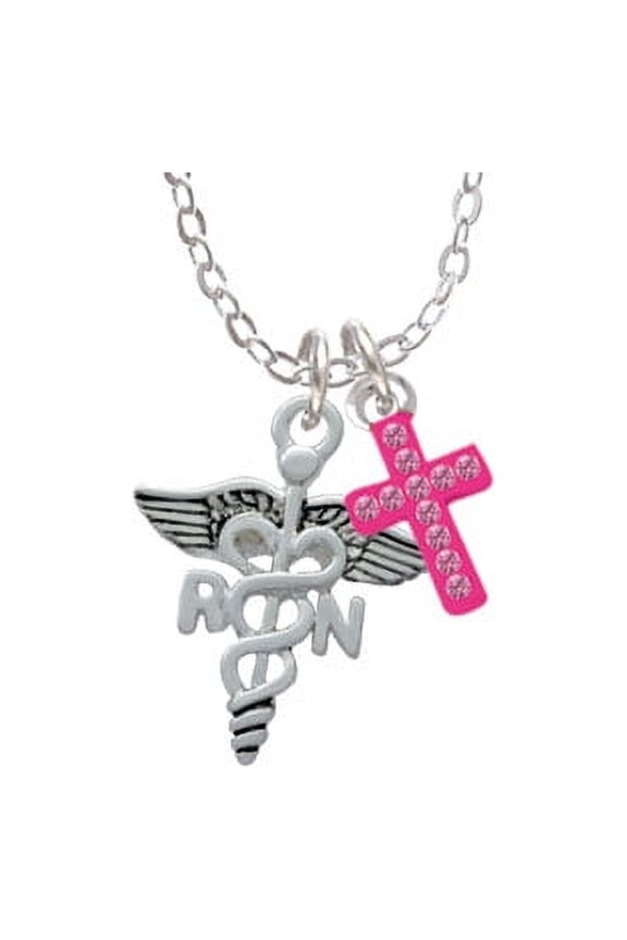 Registered Nurse Caduceus - Hot Pink Crystal Cross Sophia Necklace, 18"+1"