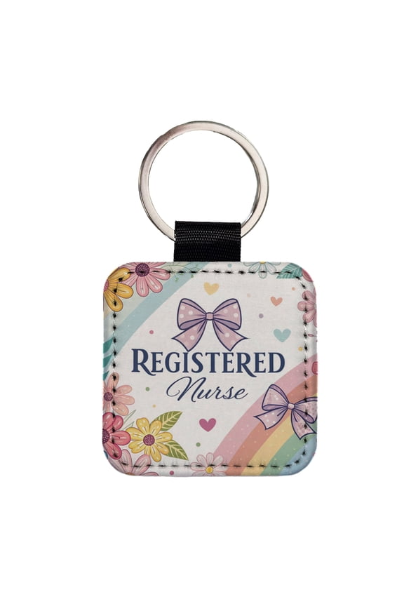 Registered Nurse RN Appreciation Coquette Bows Flowers Floral Faux Leather Square Keychain