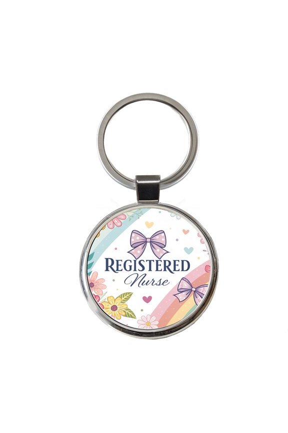 Registered Nurse RN Appreciation Coquette Bows Flowers Floral Metal Round Keychain