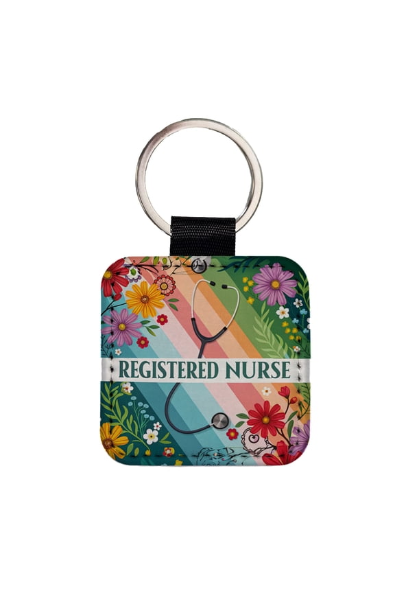 Registered Nurse RN Appreciation Stethoscope Colorful Flowers Faux Leather Square Keychain