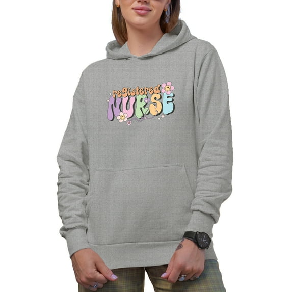 Registered Nurse, Retro Groovy Text & Smiling Flowers Art Merch Gift, Heather Grey Hooded Sweatshirt or Hoodie, 2XL
