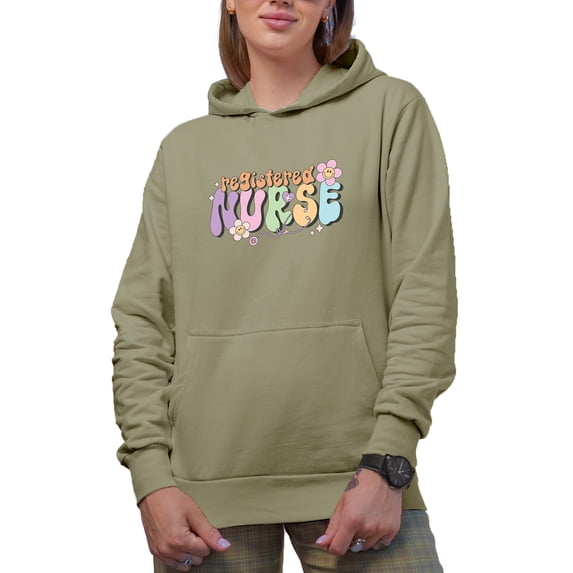 Registered Nurse, Retro Groovy Text & Smiling Flowers Art Merch Gift, Sand Hooded Sweatshirt or Hoodie, Large