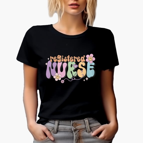 Registered Nurse, Retro Groovy Text & Smiling Flowers Art, Nurses' Merch Gift, Black T-Shirt, 3XL