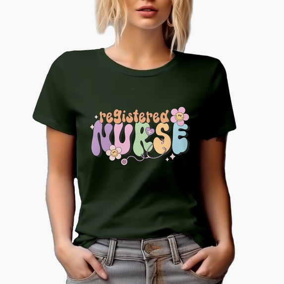 Registered Nurse, Retro Groovy Text & Smiling Flowers Art, Nurses' Merch Gift, Military Green T-Shirt, XL