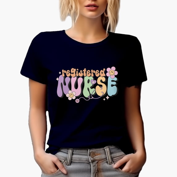 Registered Nurse, Retro Groovy Text & Smiling Flowers Art, Nurses' Merch Gift, Navy Blue T-Shirt, Large