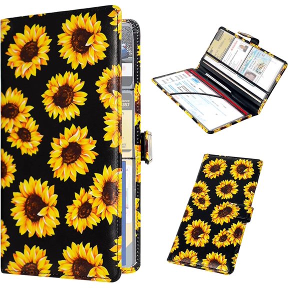 Registration &  Holder - Leather Glove Box Organizer, Cool Accessories for ID, Driver's License Cards & Essential Documents, Men & Women, Sunflower