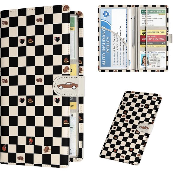 Registration and  Holder, PU Leather  Document Organizer for Glove Box, Auto Document Holder with  Closure, Card Slots, Pockets & Easy Access Slot - Checkerboard Icons