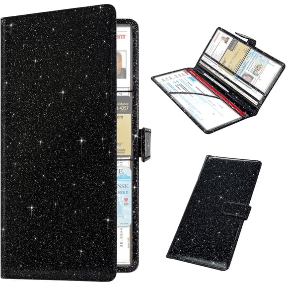 Registration and Holder, Glove Box Organizer Cool Accessories, Auto Document Holder for Cards, Driver License, Black Glitter