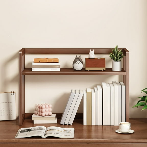 Regulable Desktop Shelf | Double Layer Wooden Storage Organizer Coffee Finish | Adjustable Height | Office Countertop Display Rack | 42x20x40cm | Space Saving | Durable