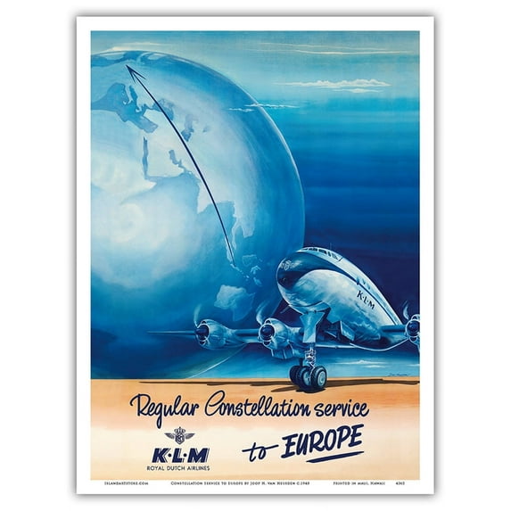 Regular Constellation Service to Europe - KLM Royal Dutch Airlines - Lockheed L-049 - Vintage Airline Travel Poster by Joop H. van Heusden c.1948 - Master Art Print (Unframed) 9in x 12in