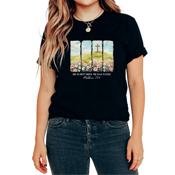 Regular Fit He Is Not Here He Has Risen Matthew 28:6 Easter Cross Graphic Tee T Shirt Tops Short Sleeve Black S-5XL