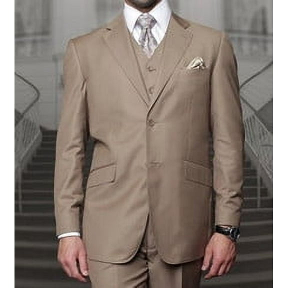 Regular Fit Men's Suits with Vest Khaki 3 Piece Groomsmen Wedding Church Vinci V2TR